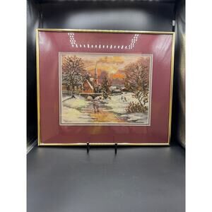 Vintage Martin Winkler Winter Village Needlepoint, Matted and Framed